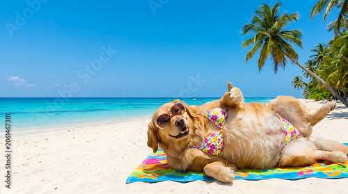 Funny golden retriever wearing a floral bikini and sunglasses sunbathing on a tropical beach