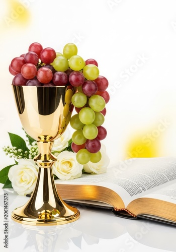 Golden chalice with fresh grapes, an open bible, and white flowers arranged on a bright blurred background with ample space for custom text, copy space, liturgy, background