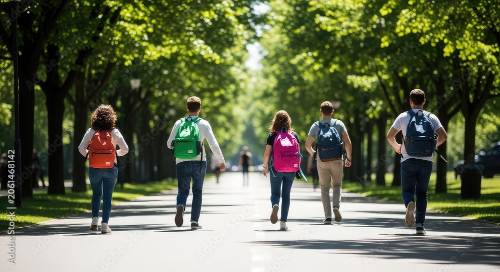 Obraz premium Vivid sunlight illuminates several backpacks and sneakers moving along a paved path lined with lush green trees and flickering shadows, pavement, greenery, sunshine