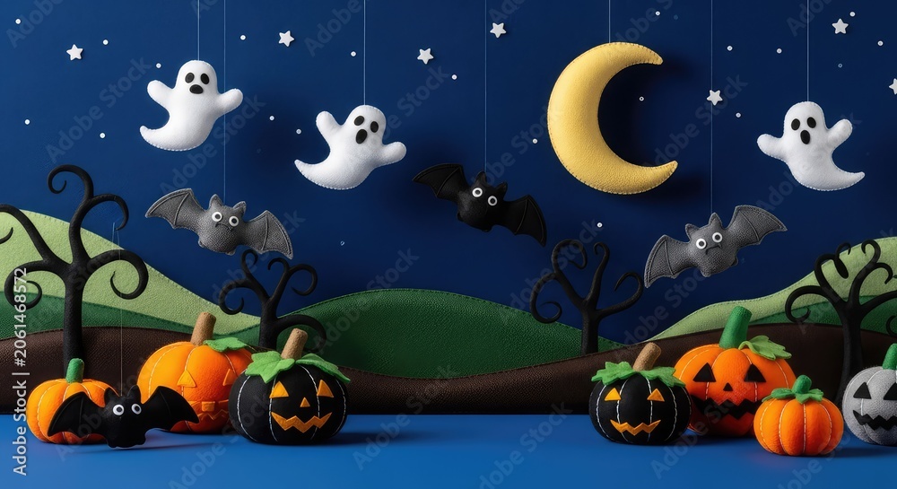 Fototapeta premium Spooky felt craft landscape with plush pumpkins bats and ghosts featuring hand sewn details and soft textures in a wide festive panorama, halloween, holiday, stuffed