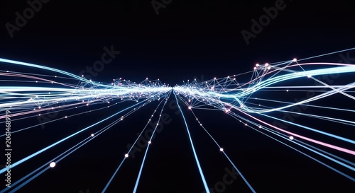 A macro view of luminous digital streams and glowing interconnected nodes surging across a dark void representing high speed data transfer, grid, server, logic