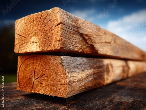 Closeup of wooden planks stacked outdoors against blue sky  