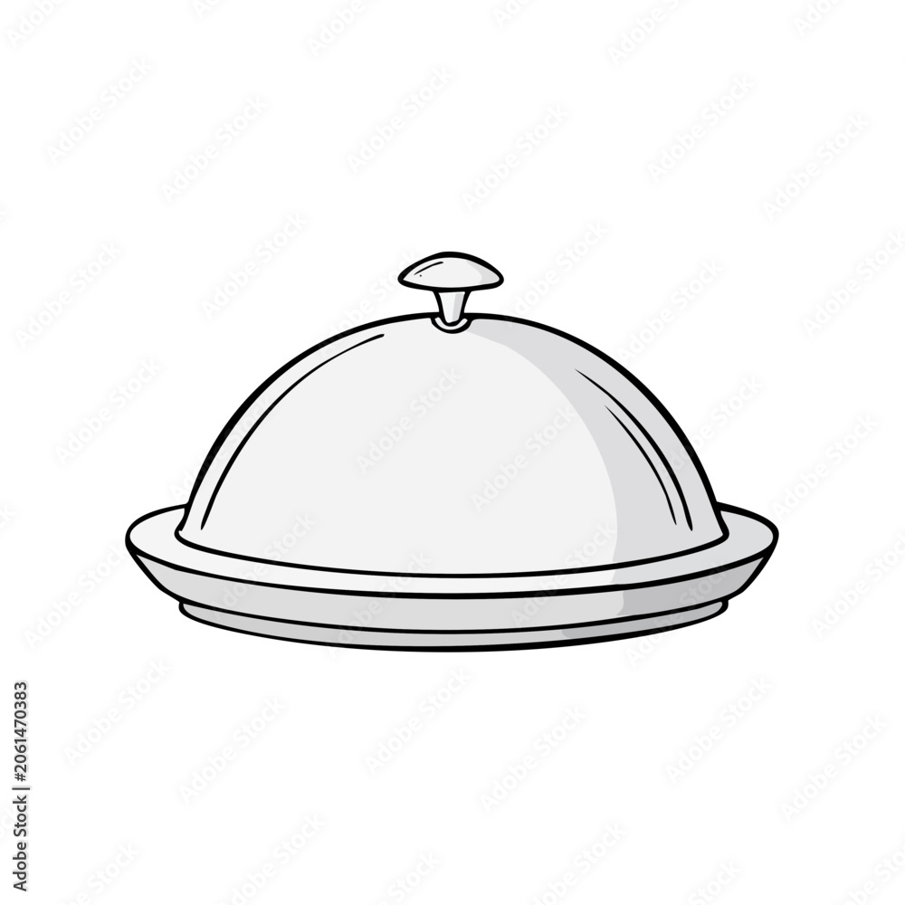 Fototapeta premium Stylized cartoon illustration of a silver covered food serving dish with a handle on top
