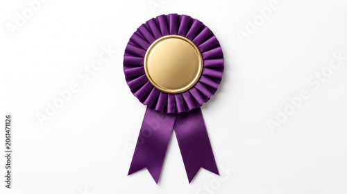 Purple award ribbon with blank gold center isolated on white background.