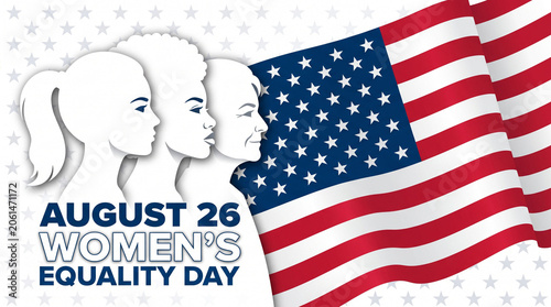 Profiles of diverse women with American flag for Women's Equality Day.