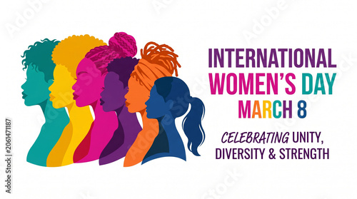 Profile silhouettes of diverse women in various colors for International Women's Day.