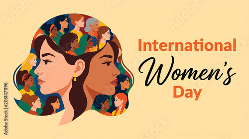 Profiles of diverse women with floral accents and crowd motif for Women's Day.