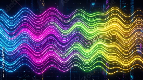 Vibrant Abstract Digital Art with Wavy Colorful Neon Lines on Dark Background
