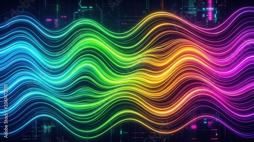 Vibrant Abstract Digital Wavy Lines in Neon Gradient Light Spectrum Background
