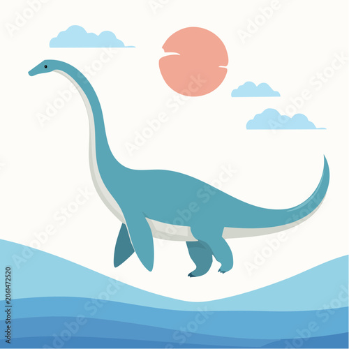 Cute Cartoon Plesiosaur Dinosaur in Water