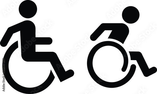 Two wheelchair icons, left showing a person sitting upright in a wheelchair, right depicting a person in a dynamic, forward-leaning posture ready for movement.