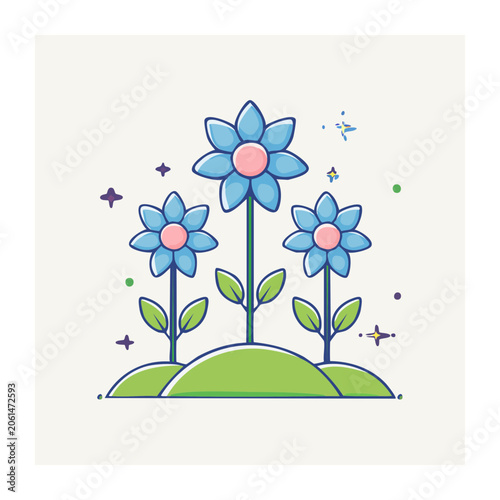 Flat design blue flowers with green leaves and butterflies