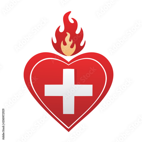 Sacred Heart with Flame and Cross Icon