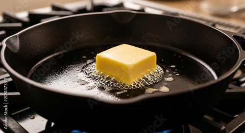 A block of butter melts in a cast iron skillet on a stovetop with herbs scattered over the dish.