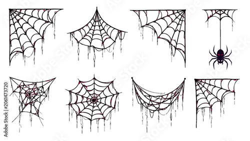 Foto Set of dripping spider web corner and hanging web vector elements