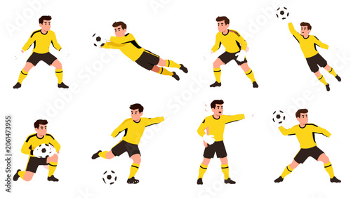 Canvastavla Soccer goalkeeper poses set in yellow uniform vector illustration