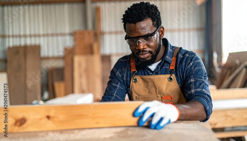 Smiling man carpenter working on laptop in a wooden workshop surrounded by tools and wood, representing DIY carpentry craft and construction work