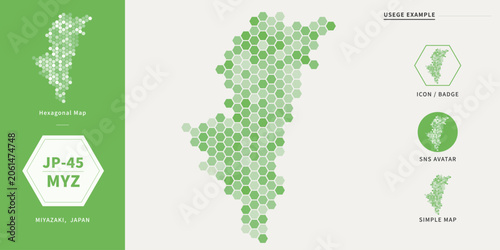 Bild auf Leinwand 宮崎県の形状を六角形グリッドで表現した緑色のインフォグラフィックマップ