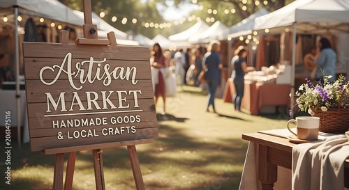 Wooden easel sign for Artisan Market Handmade Goods and Local Crafts at a sunny outdoor community market event