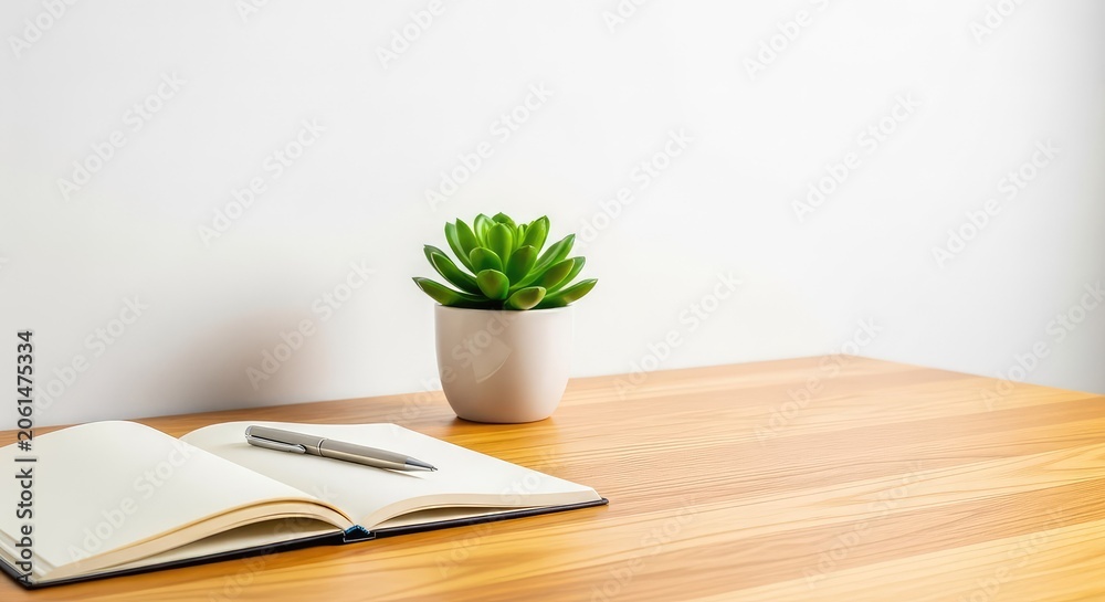 Obraz premium A minimalist wooden desk featuring a blank open notebook, a small green succulent in a ceramic pot, and a pen in a bright, modern setting, object, education, clean