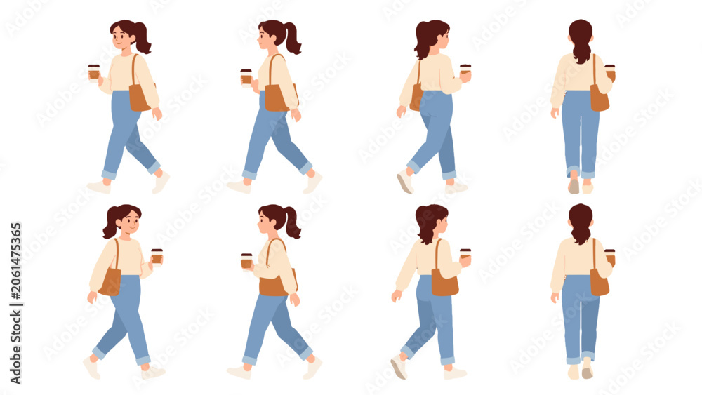 Obraz premium Woman walking with coffee cup shown from multiple angles