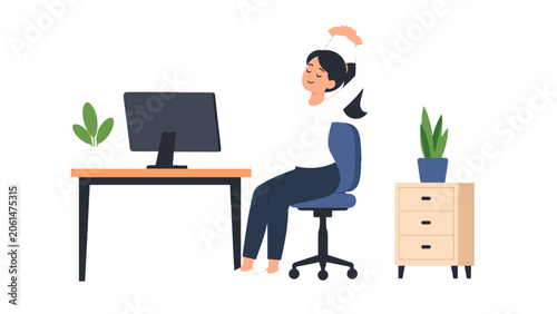 Fotografie Woman stretching while sitting at desk in home office vector