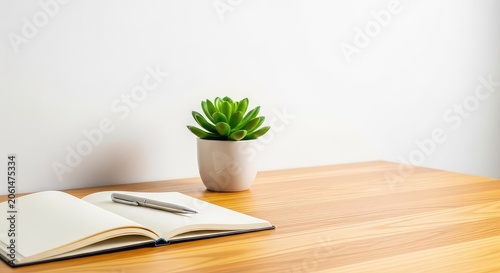 A minimalist wooden desk featuring a blank open notebook, a small green succulent in a ceramic pot, and a pen in a bright, modern setting, object, education, clean