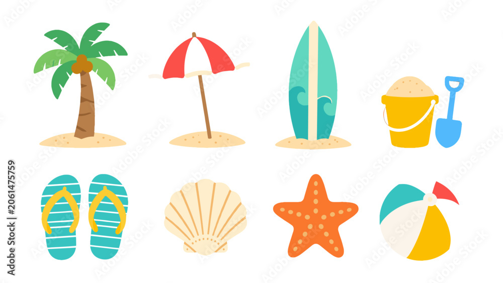 Obraz premium Set of colorful beach icons with palm tree umbrella and surfboard