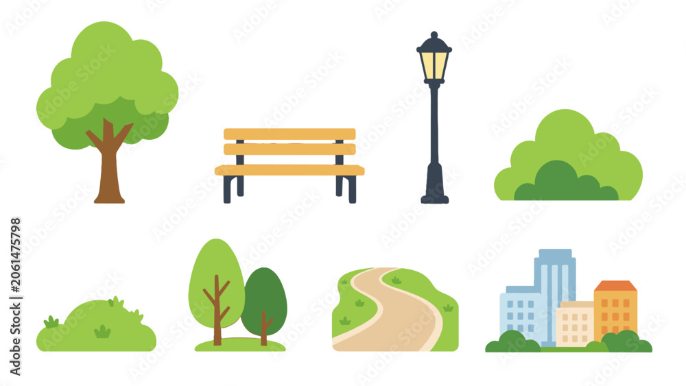Fototapeta premium Flat vector set of park and city landscape elements