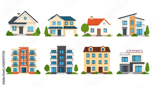 Foto Set of residential house and apartment building facades