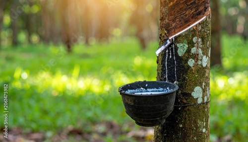 Watering can pouring water into a glass in a garden surrounded by trees, birds and plants in a natural forest park in spring outdoors