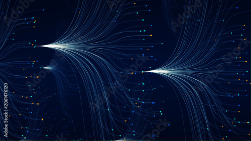 Abstract AI neural network and fiber optic data connection background representing big data technology flow, digital cloud computing, machine learning algorithm, and global information tech.