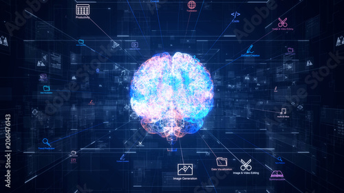 Glowing digital artificial intelligence brain core connected to big data visualization, coding, content creation, and machine learning cloud icons within a futuristic global cyber tech network.