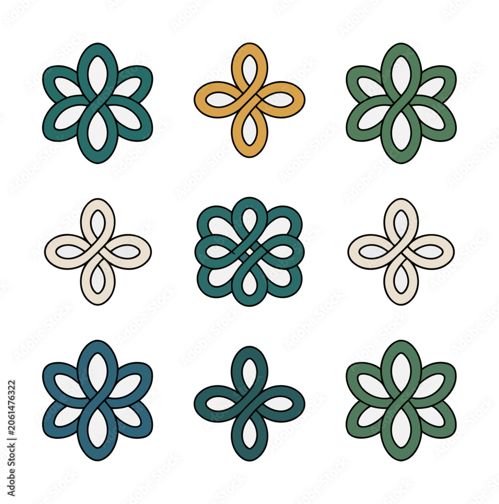 Fototapeta premium Abstract geometric floral pattern set on black background