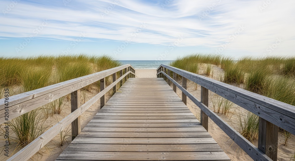 Fototapeta premium A weathered wooden boardwalk stretches toward a peaceful sandy beach lined with tall sea grass under a light blue sky with white clouds, serene, maritime, scenery