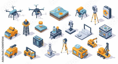 Fotografie Collection of isometric icons representing modern surveying and construction equipment, including drones, vehicles, and measurement devices