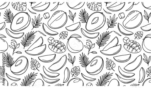 Sliced mango seamless pattern with hand drawn tropical fruit line art for packaging and fabric