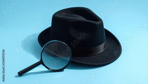 Hat and magnifying glass on blue background featuring vintage hat and fashion accessory concept
