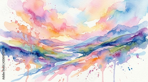 Abstract Watercolor Landscape with Flowing Colors