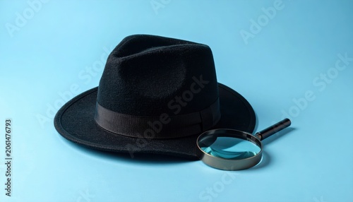 Hat and magnifying glass on blue background featuring vintage hat and fashion accessory concept