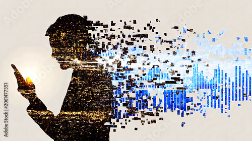 Quantified Self and Health Transformation Concept featuring Big Data Fitness App Interface Overlay with Digital Disintegration of Human Silhouette for Wellness Technology and Biometric Analysis