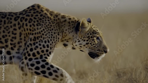 A leopard walks through tall dry grass in a savanna landscape with focused gaze and spotted coat visible against blurred background.