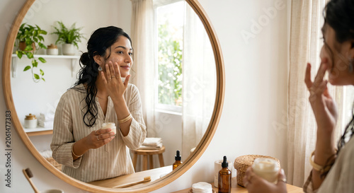 Skincare Ritual: A young woman performs her morning skincare routine, applying cream to her face in front of a large, round mirror, reflecting a tranquil bathroom setting.