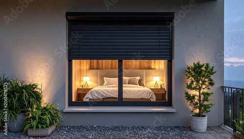 Luxury hotel room interior with open window, modern bedroom furniture and elegant decor