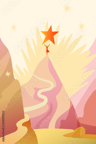 Woman reaching for a glowing star atop a mountain summit, winding path leading up. Flat vector illustration ideal for motivation content, business presentations, coaching materials, banners,