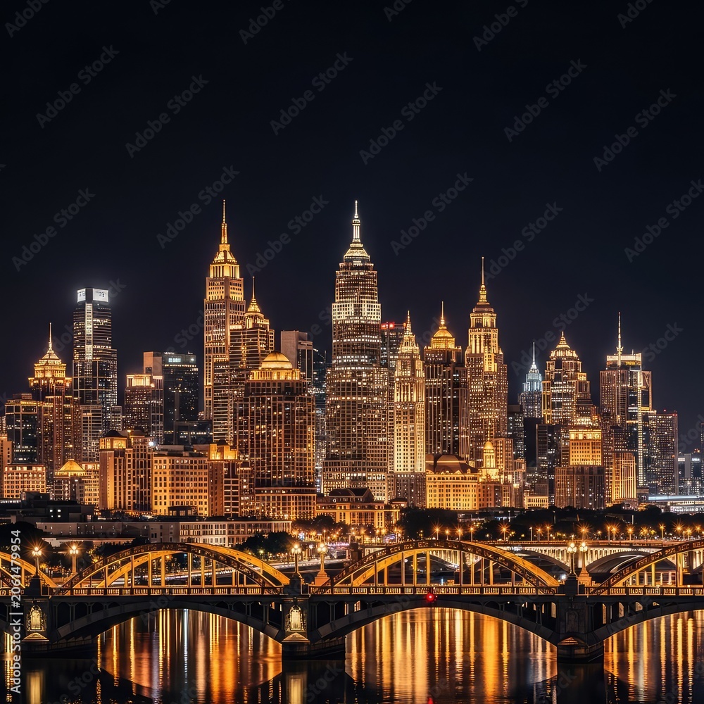 Obraz premium A stunning view of a detailed metropolitan skyline featuring intricate golden architecture and arched bridges against a deep black sky, majestic, wealth, metallic