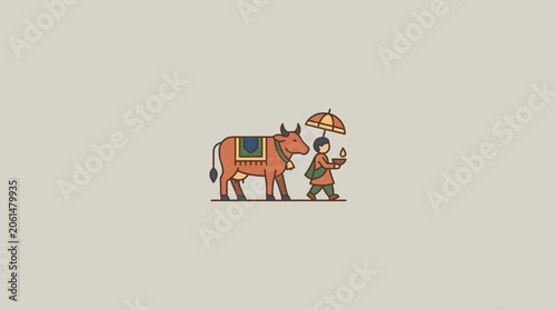Fotografi Minimalist Illustration of an Indian Cow and Herder