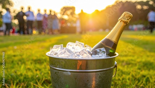 Champagne is being poured from a bottle into a glass at a celebration