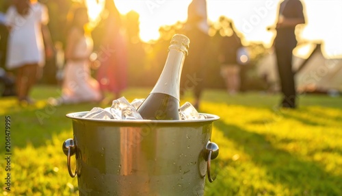 Champagne is being poured from a bottle into a glass at a celebration