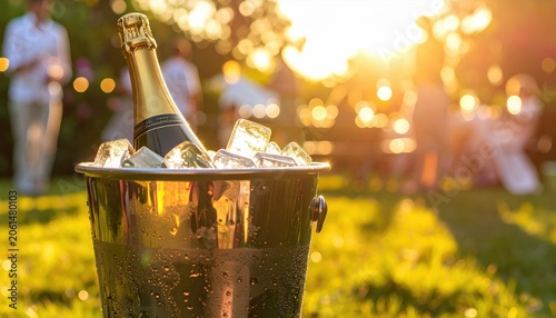 Champagne is being poured from a bottle into a glass at a celebration